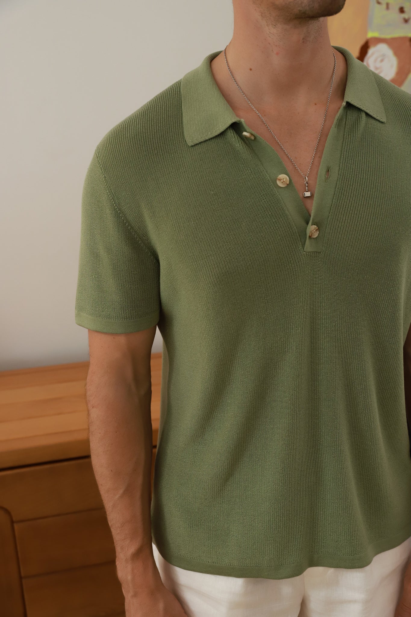 Green braided V-neck knit polo shirt